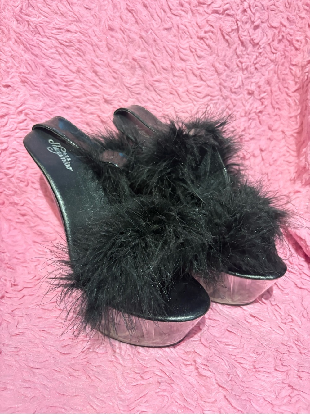 Black Feather Trim Clear Platform Stiletto Heels